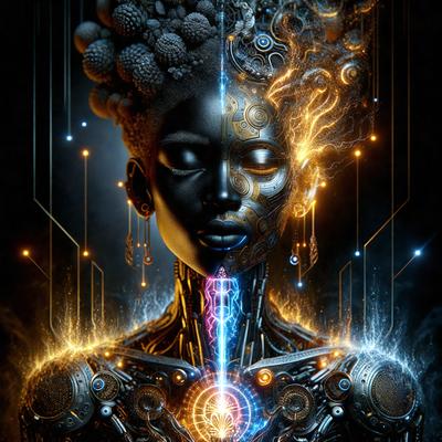 The primary subject of the image is a futuristic robot with a human-like face. The robot is adorned with a variety of gears and mechanical parts, giving it a unique and intricate appearance. The setting is a dark, futuristic environment, with the robot standing in front of a backdrop of glowing lines and shapes. The visual style of the image is a combination of digital art and illustration, creating a striking and detailed portrait of the robot. The colors and mood of the image are predomin